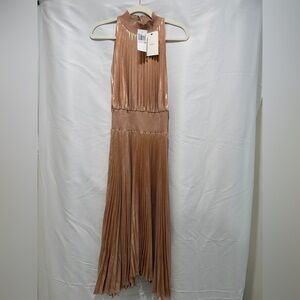 A.L.C. Metallic Pleated Renzo Midi Dress in Rose Gold (NWT)